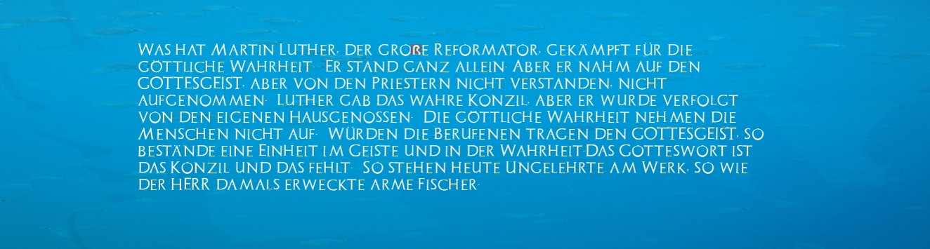 Was hat Martin Luther, der große Reformator, gekämpft für die göttliche Wahrheit.  Er stand ganz allein. Aber er nahm auf den GOTTESGEIST, aber von den Priestern nicht verstanden, nicht aufgenommen.  Luther gab das wahre Konzil, aber er wurde verfolgt von den eigenen Hausgenossen.  Die göttliche Wahrheit nehmen die Menschen nicht auf.  Würden die Berufenen tragen den GOTTESGEIST, so bestände eine Einheit im Geiste und in der Wahrheit.Das Gotteswort ist das Konzil und das fehlt.  So stehen heute Ungelehrte am Werk, so wie der HERR damals erweckte arme Fischer.